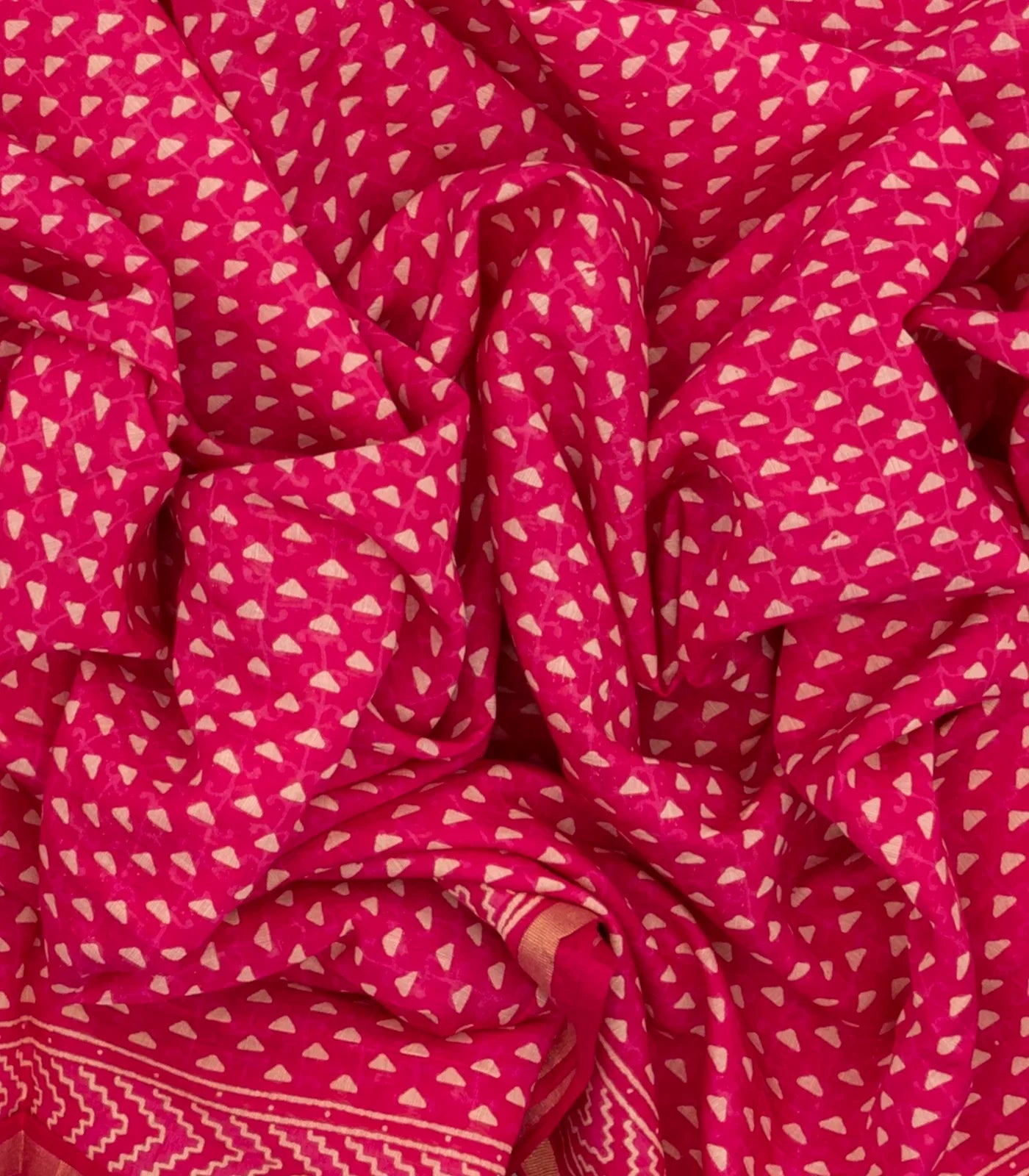 Hot Pink Woven Jaipur Cotton Saree With Printed Triangle Motifs