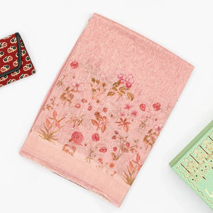 Dusty Pink Handwoven Linen Saree Printed With Floral Motifs In Border