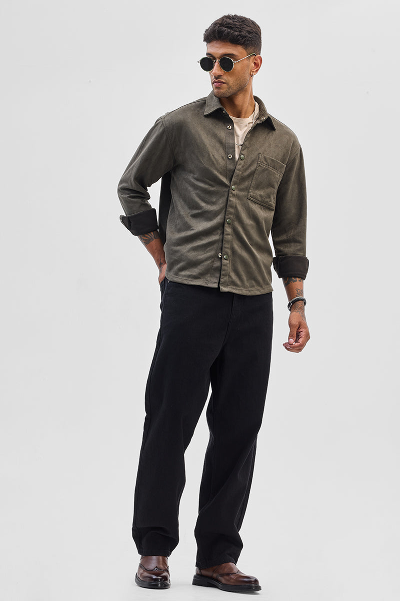 Olive Suede Snap Button Overshirt
