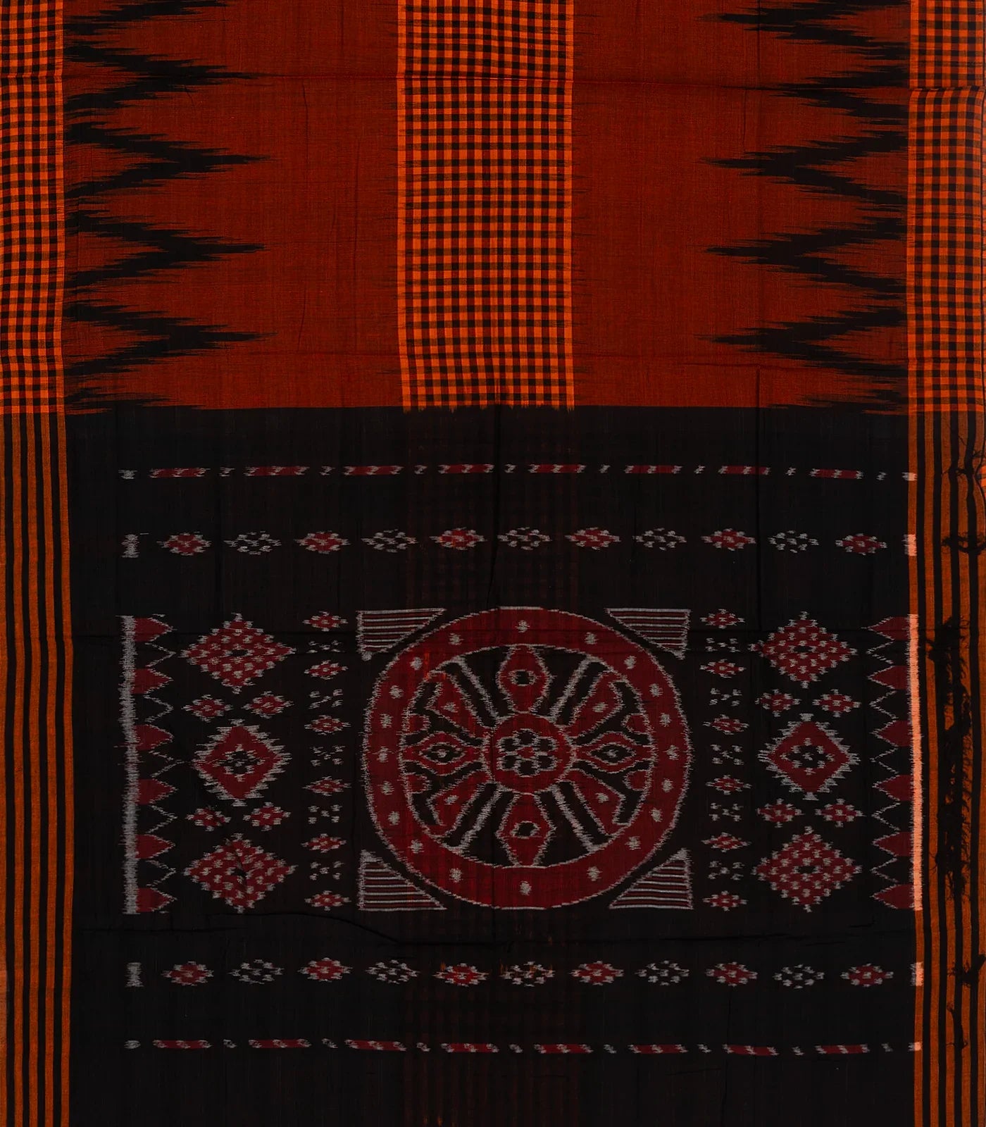 Rust Orissa Cotton Saree With Black Temple Border