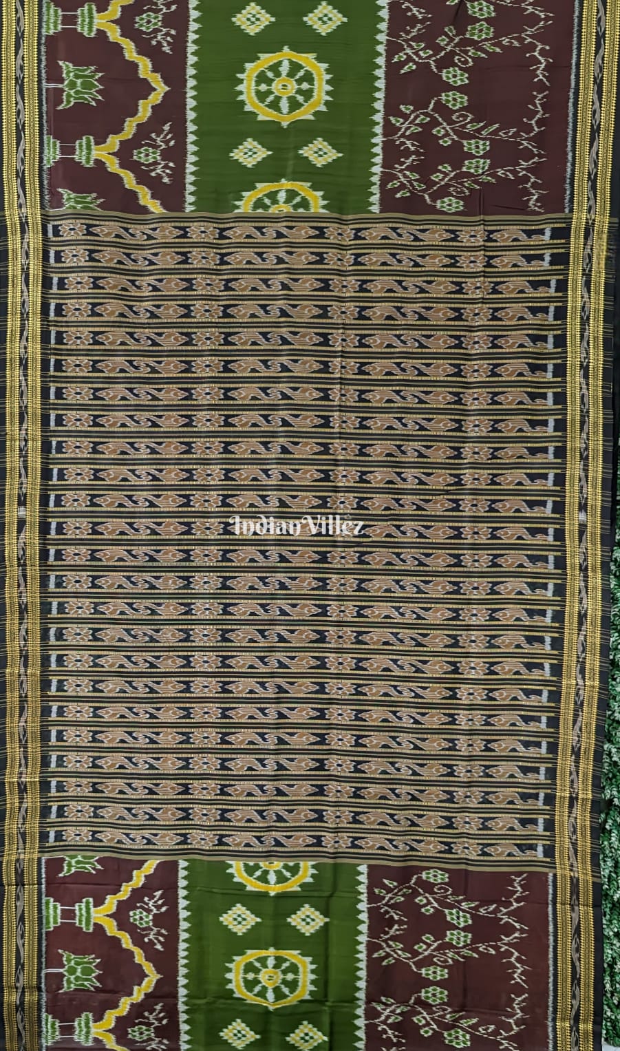 Burgundy Olive Green Odisha Handloom Khandua Silk Saree