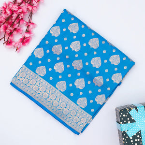 Blue Handloom Banarasi Silk Saree With Floral Motifs