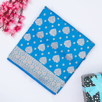 Blue Handloom Banarasi Silk Saree With Floral Motifs
