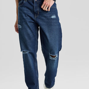 Navy Distressed Baggy Fit Jeans