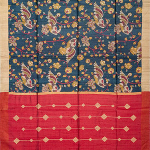 Dark Grey Handloom Tussar Silk Saree With Printed Peacock Motifs