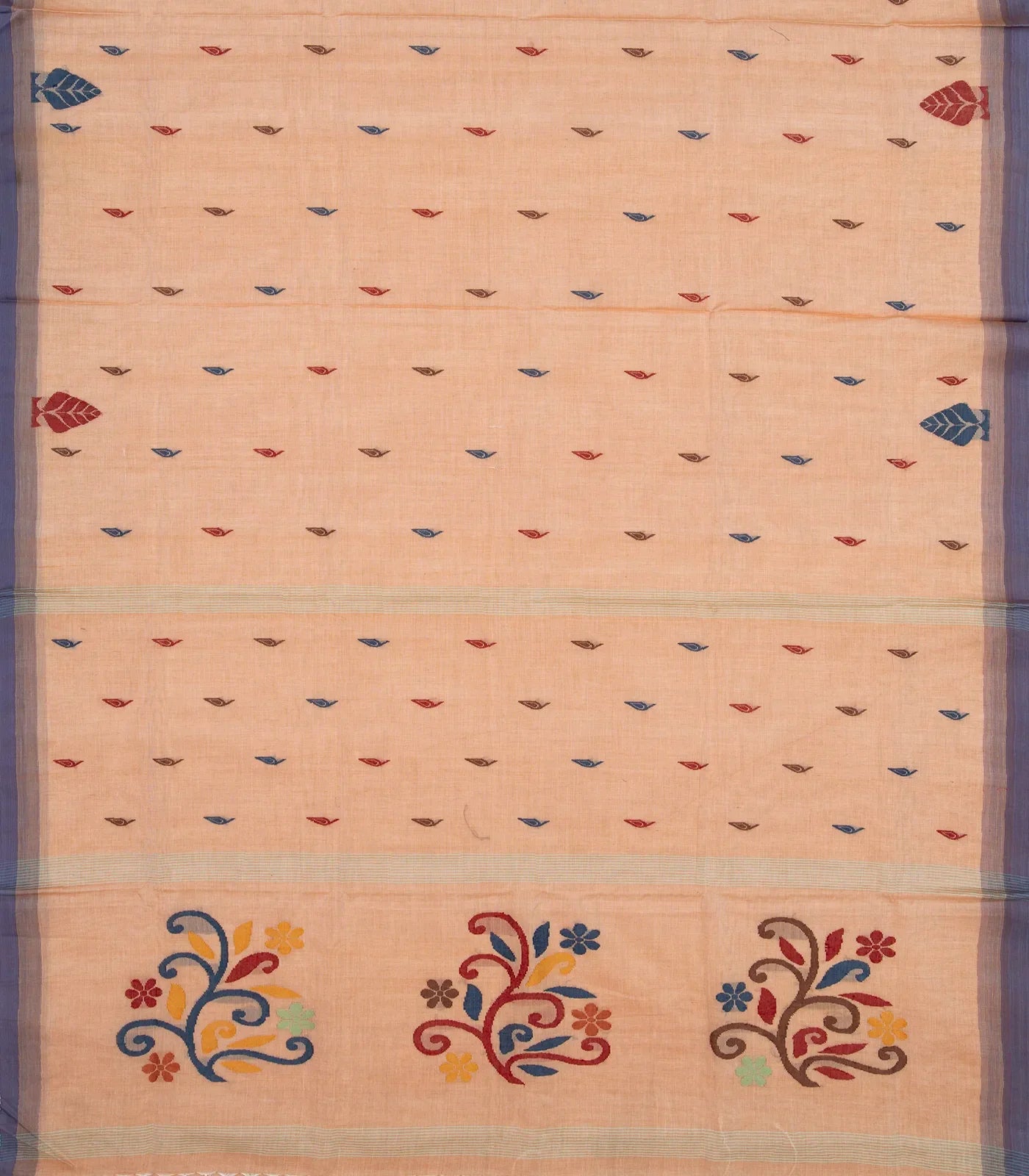 Peach Bengal Cotton Saree With Floral Motifs