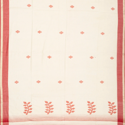 White Handloom Bengal Cotton Saree With Stripes & Buttas