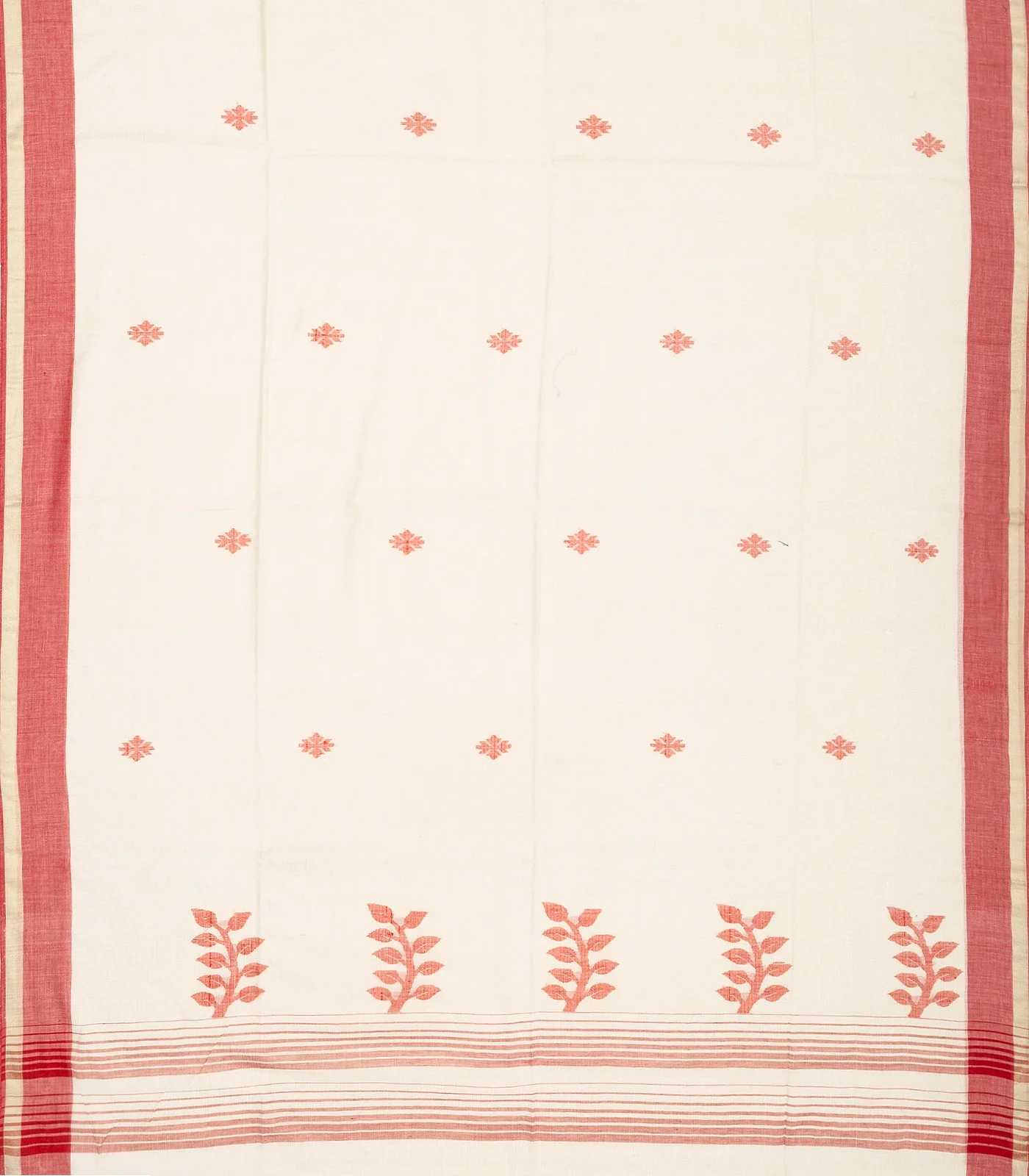 White Handloom Bengal Cotton Saree With Stripes & Buttas