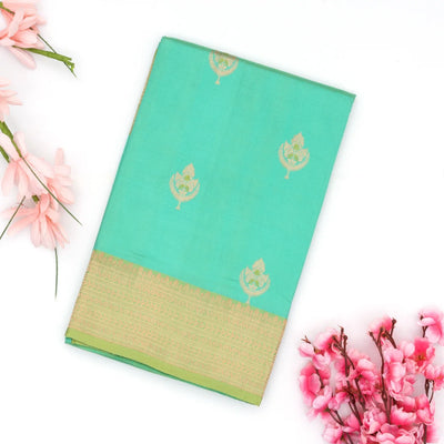 Turquoise Handloom Banarasi Silk Saree With Floral Buttas