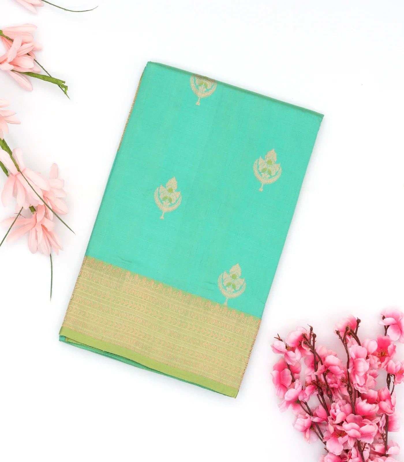 Turquoise Handloom Banarasi Silk Saree With Floral Buttas