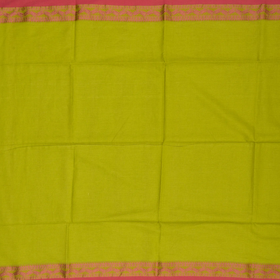 Green Handloom Plain Bengal Cotton Saree With Pink Border