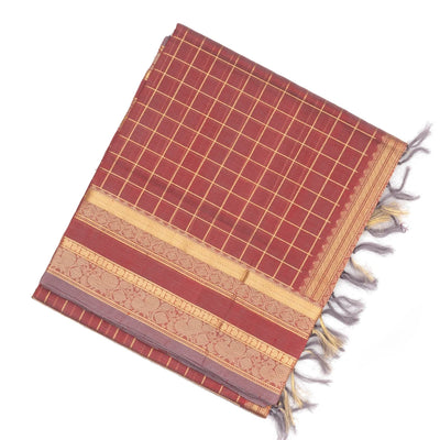 Peach Handloom Silk Cotton Saree With Zari Checks