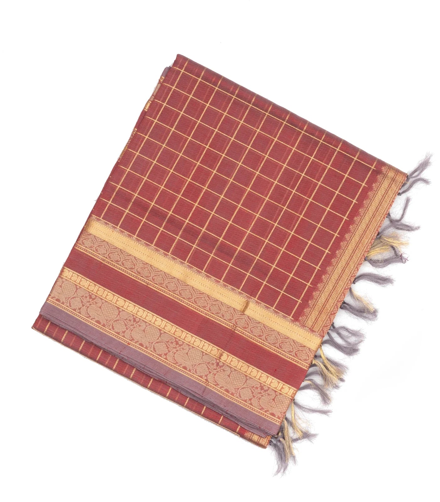 Peach Handloom Silk Cotton Saree With Zari Checks