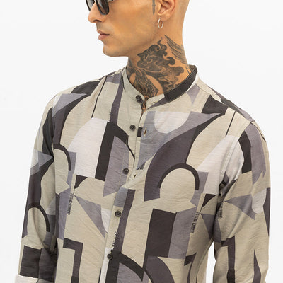 Beige Abstract Mandarin Shirt