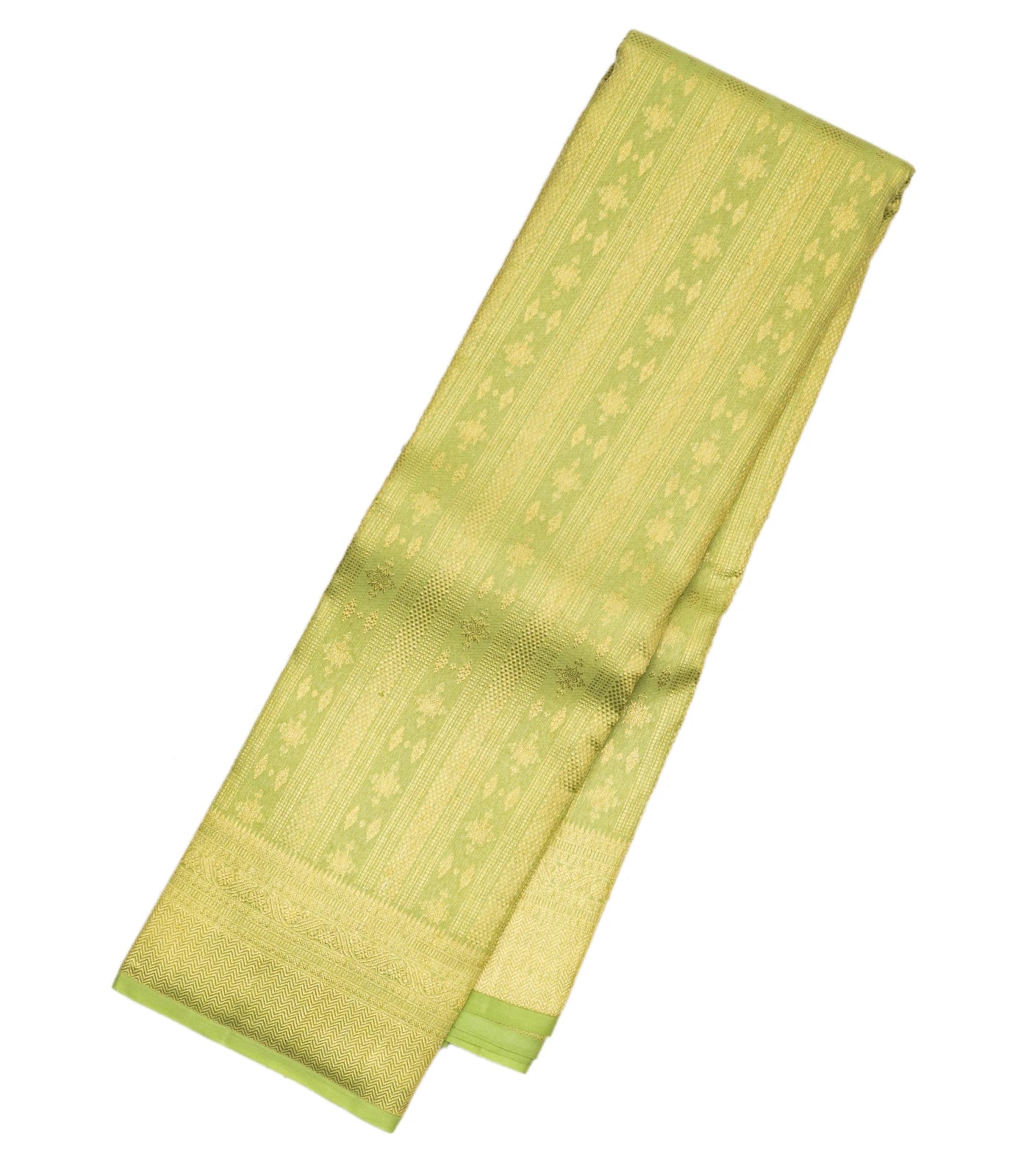 Cardamom Green Handloom Kanchipuram Silk Saree With Stripes & Floral Motifs