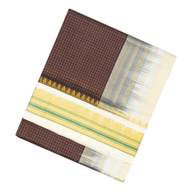 Dark Brown Handloom Korvai Silk Cotton Saree With Contrast White Border