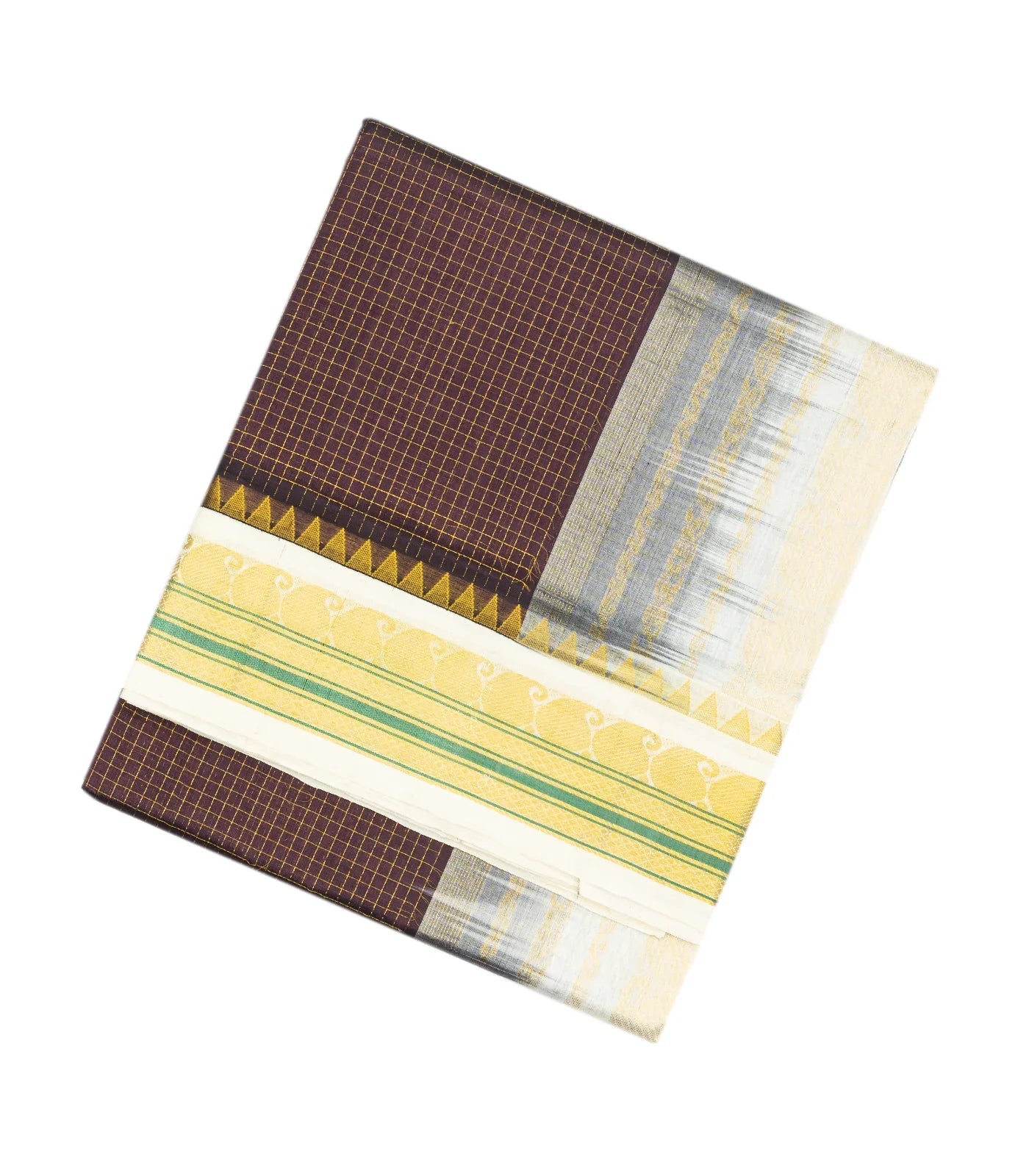 Dark Brown Handloom Korvai Silk Cotton Saree With Contrast White Border