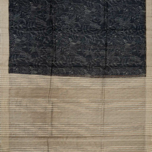 Black Handloom Tussar Silk Saree With Printed Leafy Motifs
