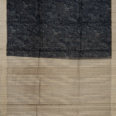 Black Handloom Tussar Silk Saree With Printed Leafy Motifs