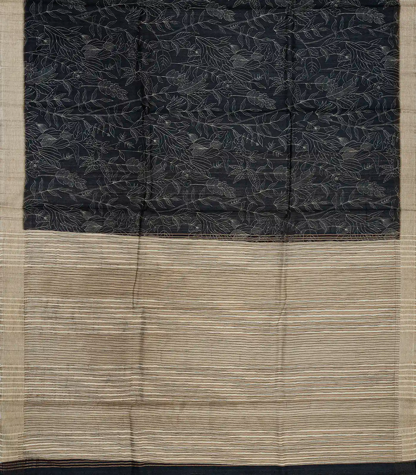 Black Handloom Tussar Silk Saree With Printed Leafy Motifs