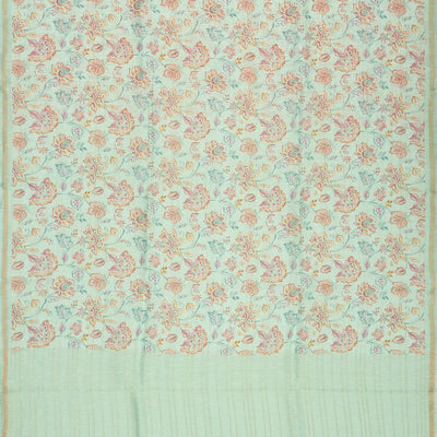 Turquoise Handwoven Linen Saree Printed With Floral Motifs
