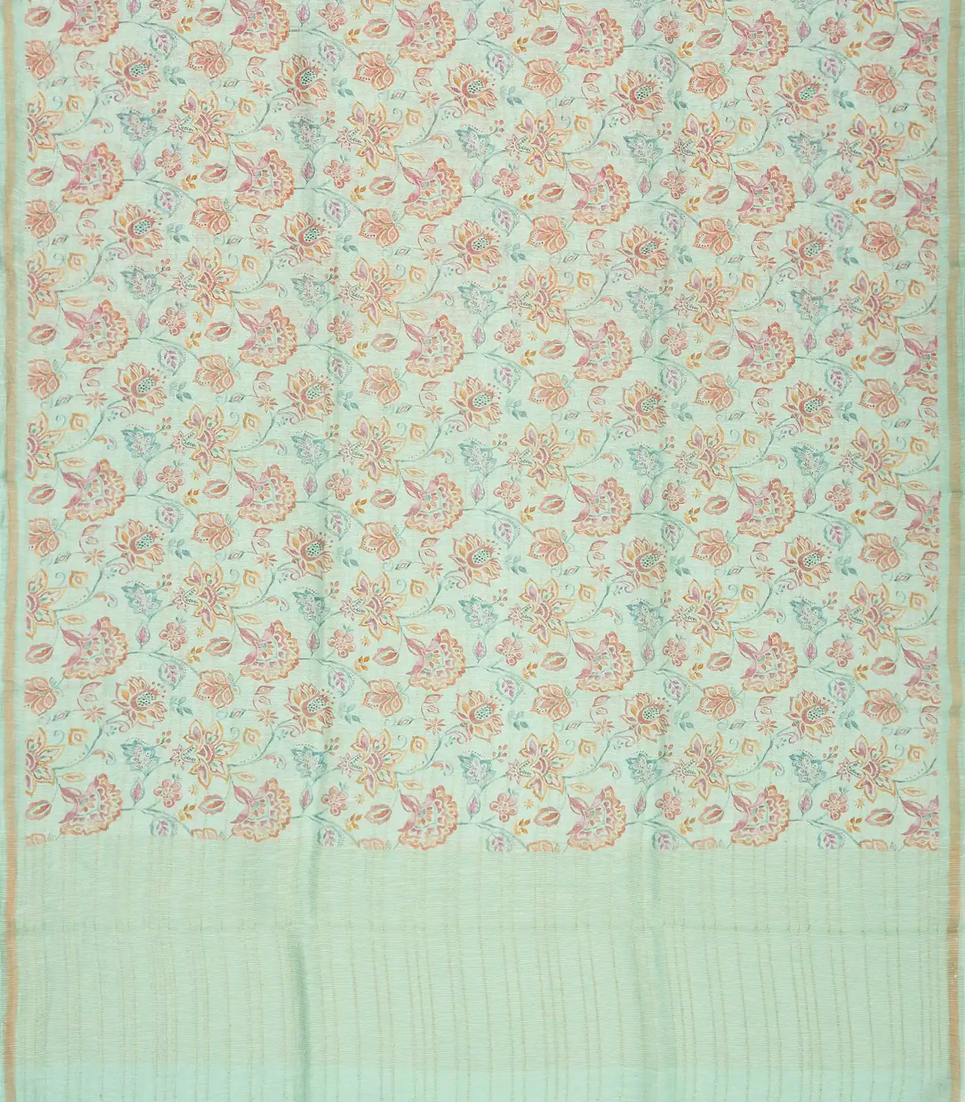 Turquoise Handwoven Linen Saree Printed With Floral Motifs