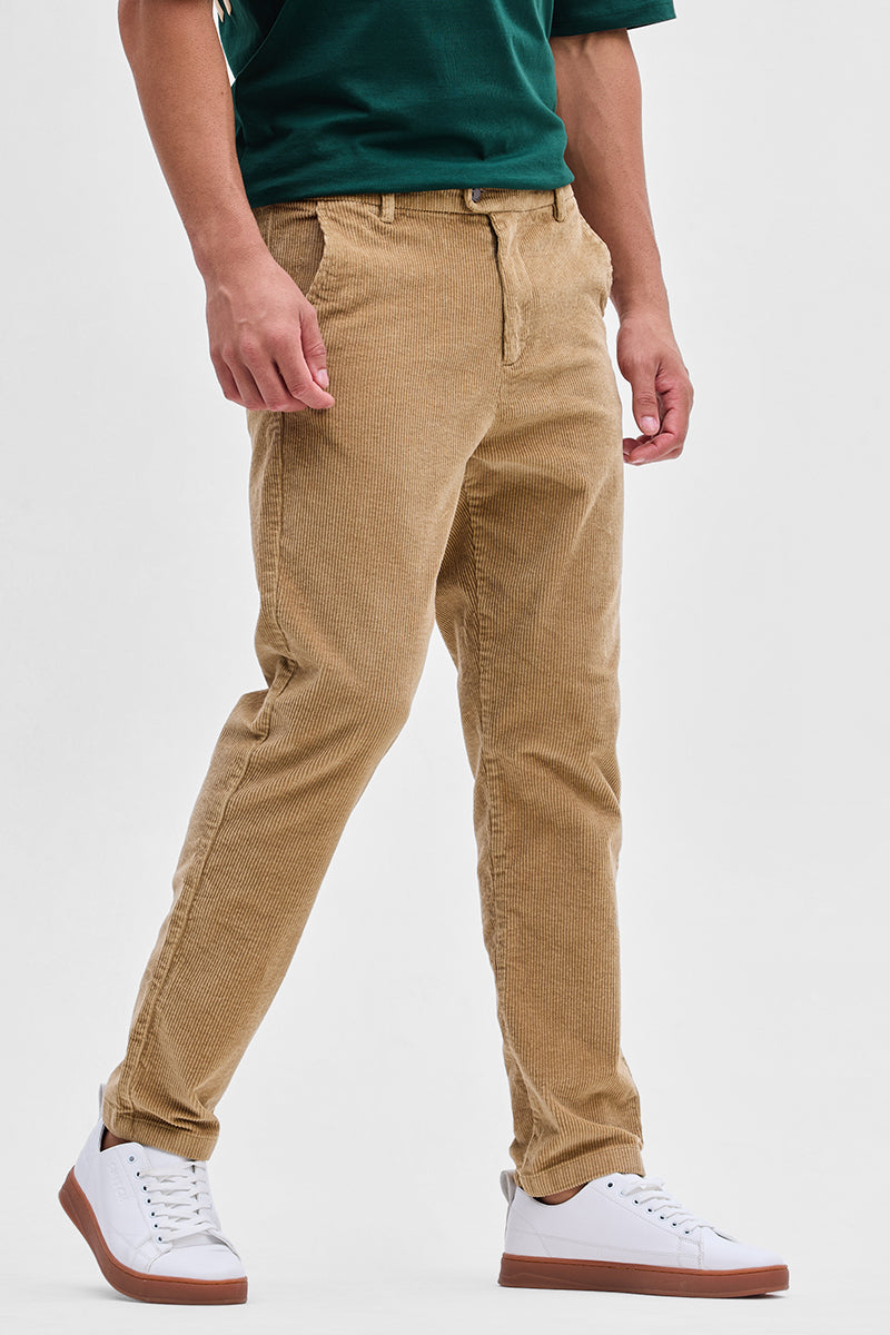 Beige Corduroy Slim Fit Trousers