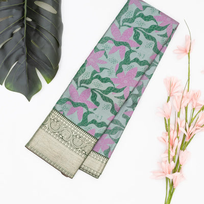 Green Handloom Kanchipuram Silk Saree With Floral Motifs