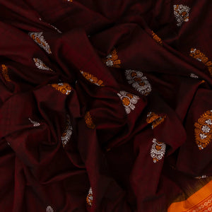 Maroon Handloom Orissa Cotton Saree With Mustard Tie & Dye Pallu