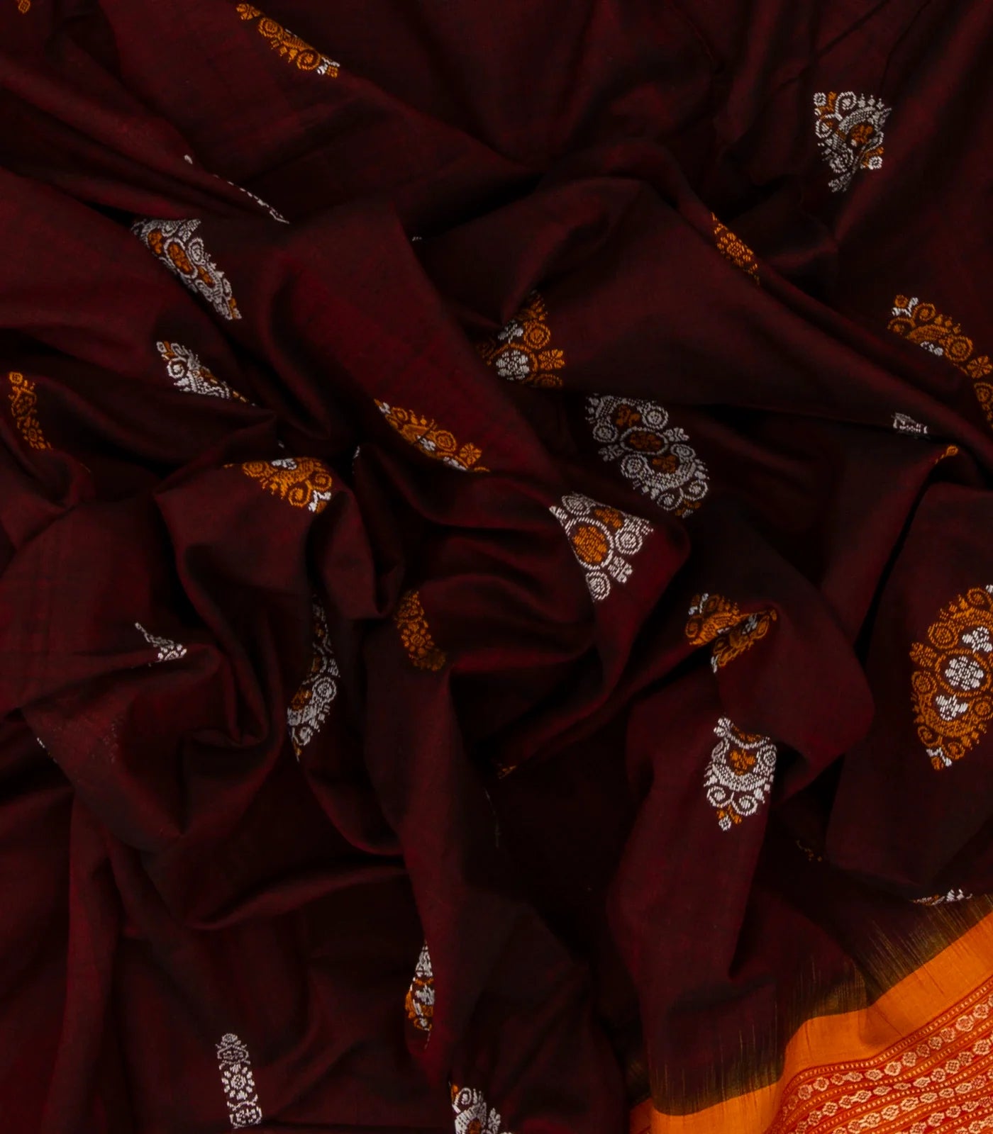 Maroon Handloom Orissa Cotton Saree With Mustard Tie & Dye Pallu