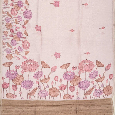 Taupe Handwoven Linen Saree Printed With Floral Motifs