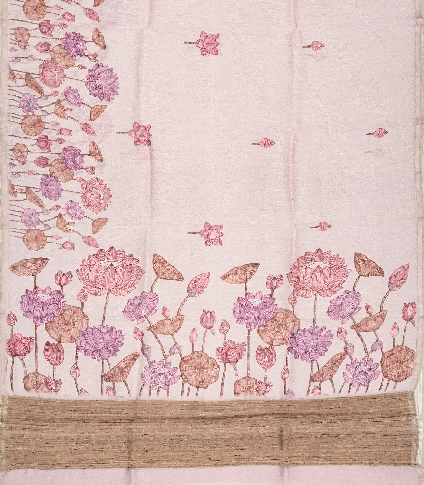 Taupe Handwoven Linen Saree Printed With Floral Motifs