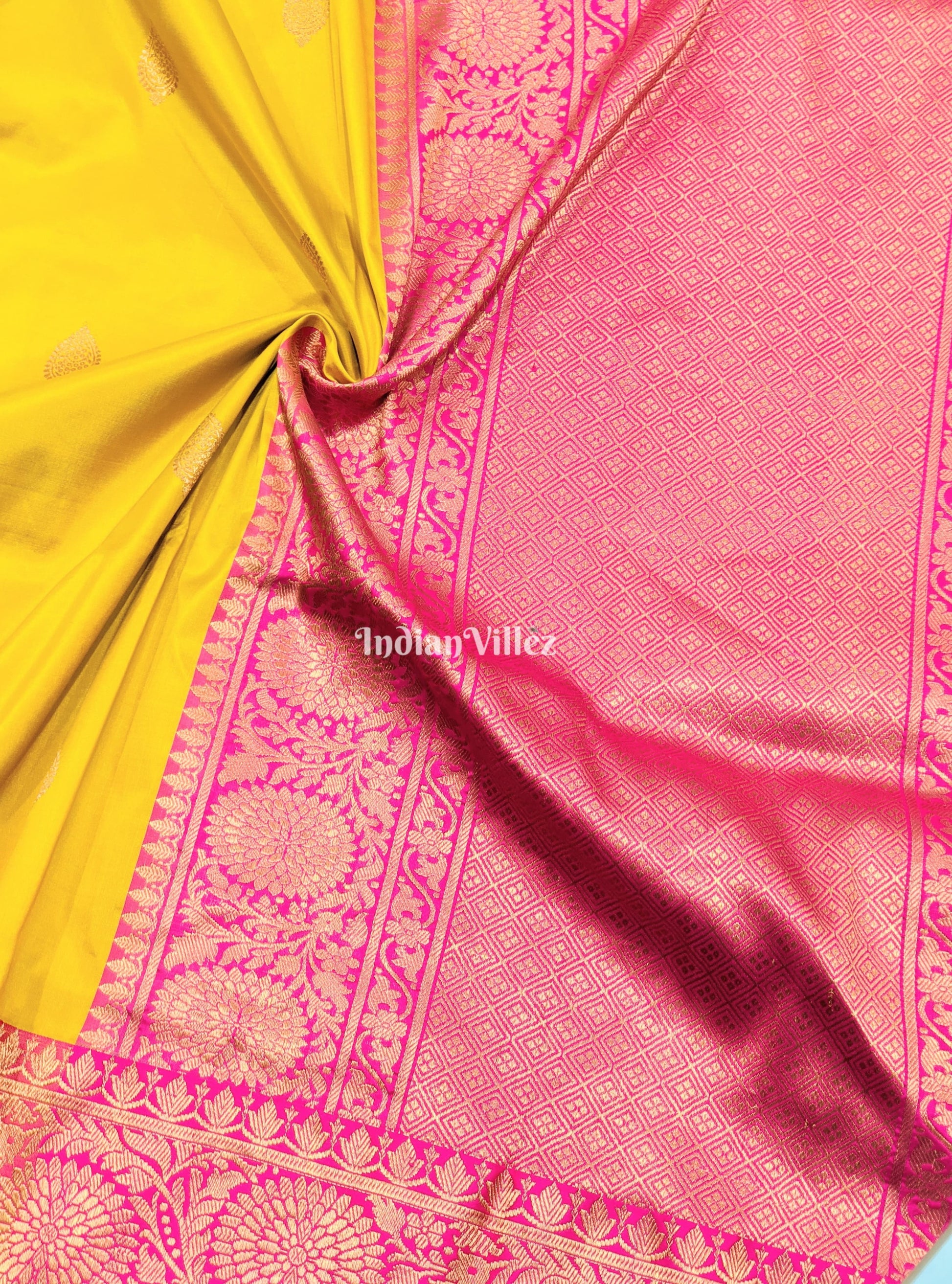 Yellow Pink Designer Banarasi Katan Silk Saree