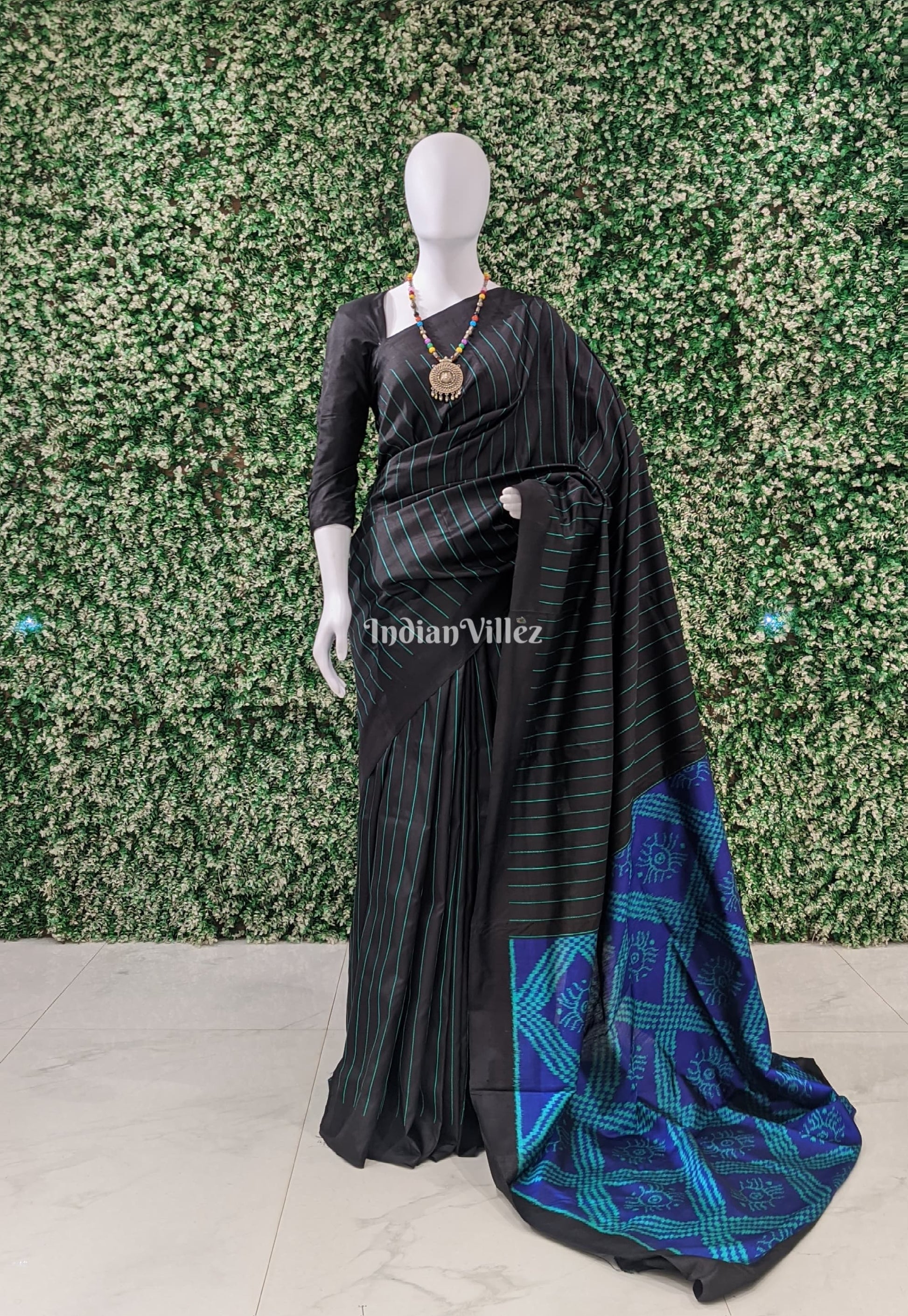Black Blue Odisha Ikat Designer Contemporary Silk Saree
