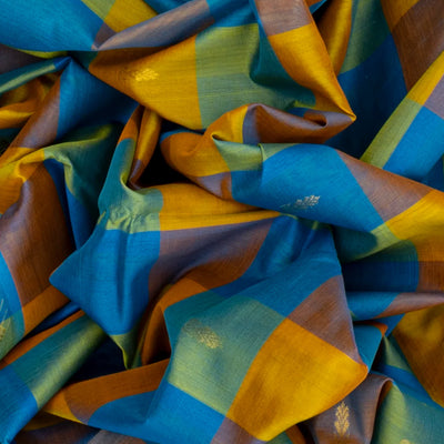 Blue Handloom Silk Cotton Saree With Checks And Buttas