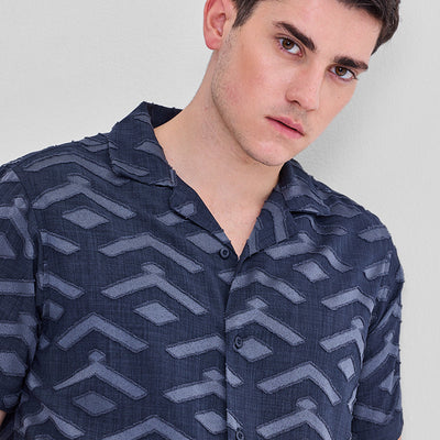 Dark Blue Geometric Box Fit Shirt