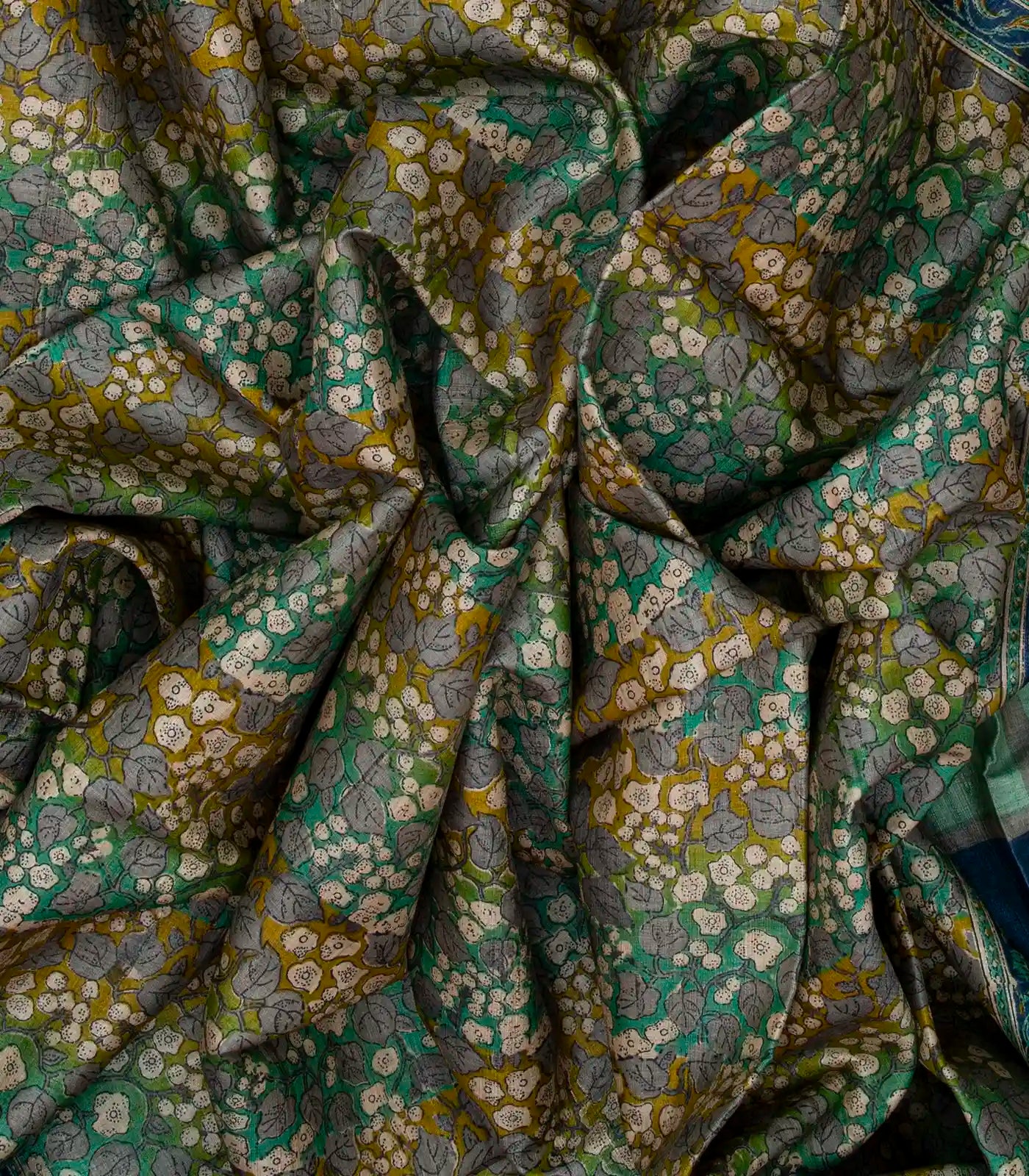 Aquamarine Handloom Tussar Silk Saree With Printed Floral Motifs