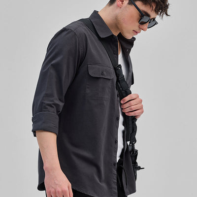 Charcoal Grey Solid Double Pocket Overshirt