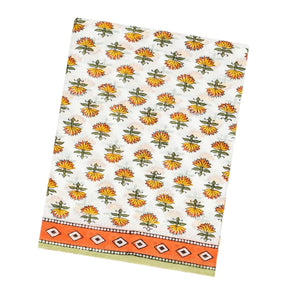 White Woven Jaipur Cotton Saree With Mustard Printed Lotus Motifs