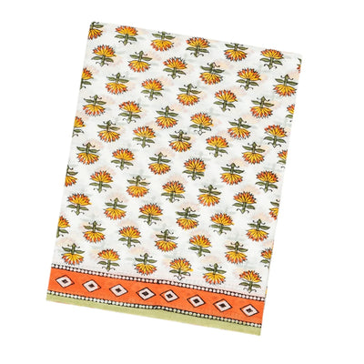 White Woven Jaipur Cotton Saree With Mustard Printed Lotus Motifs