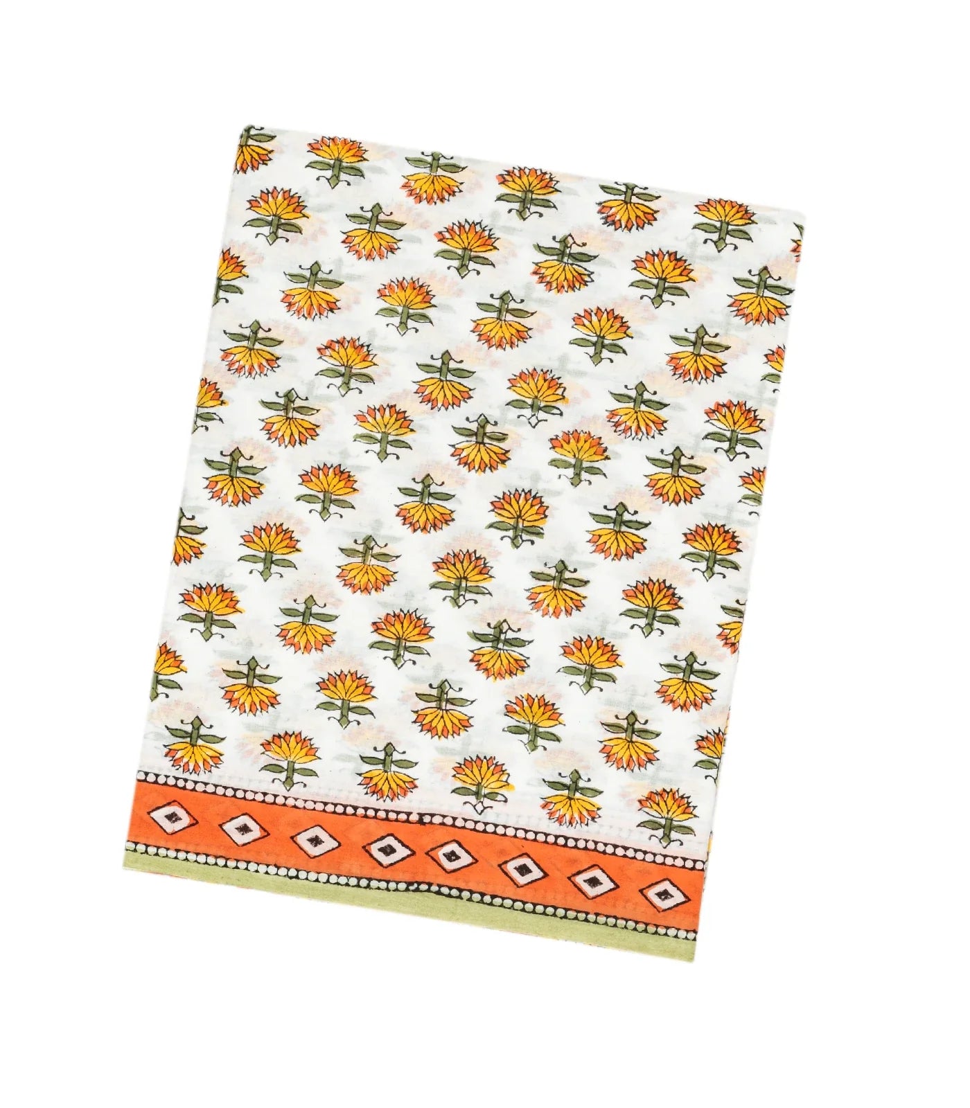 White Woven Jaipur Cotton Saree With Mustard Printed Lotus Motifs