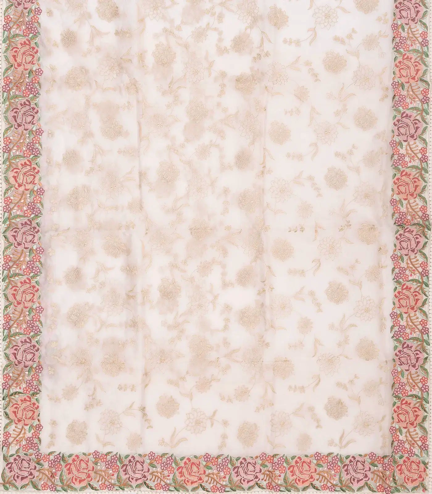 Cream Woven Organza Silk Saree With Embroidered Floral Motifs