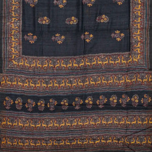 Black Handloom Tussar Silk Saree With Printed & Embroidered Deer Motifs