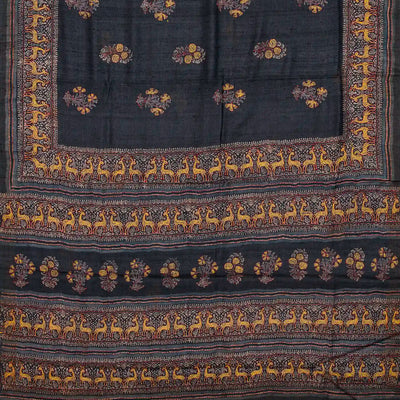 Black Handloom Tussar Silk Saree With Printed & Embroidered Deer Motifs