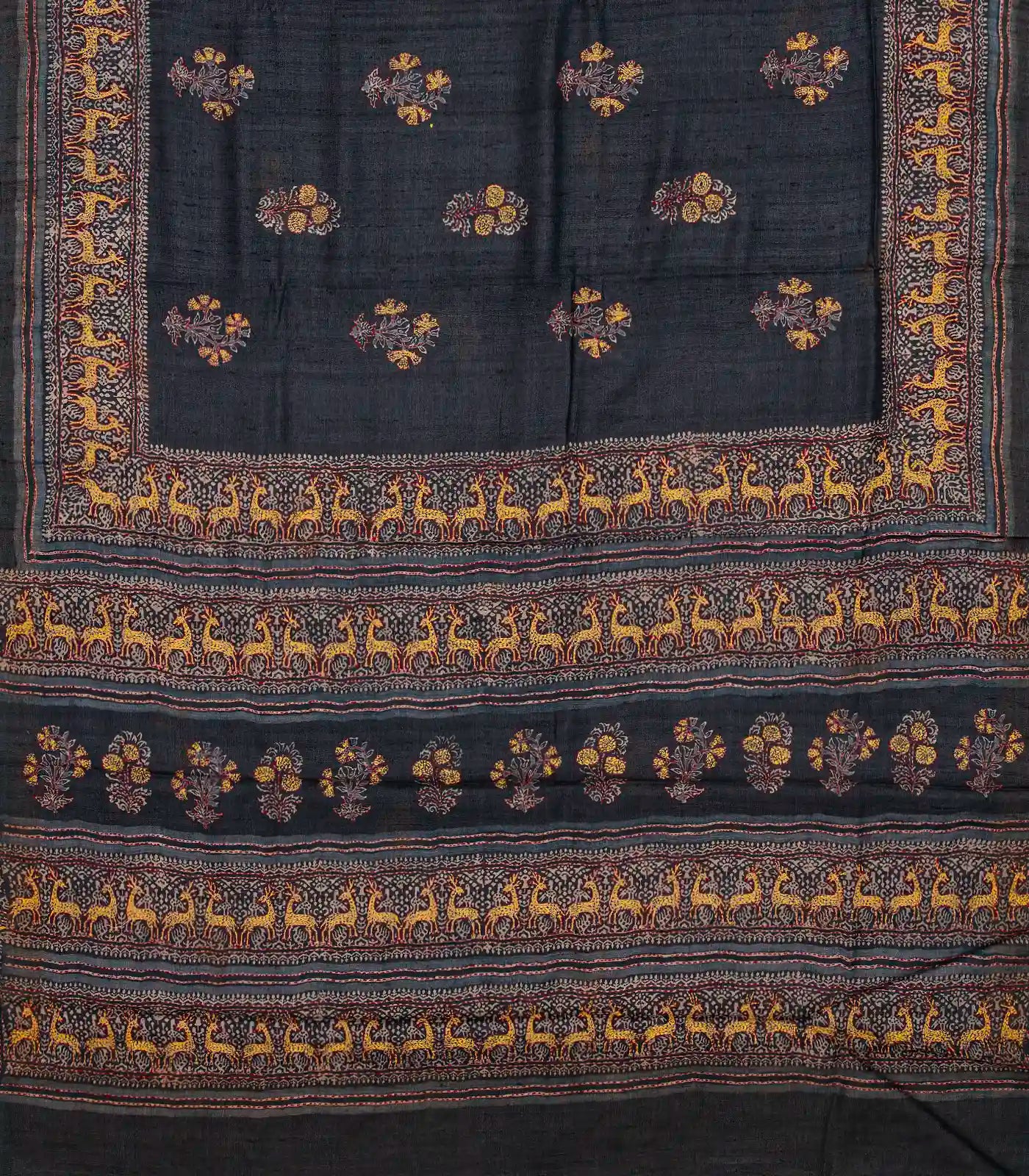 Black Handloom Tussar Silk Saree With Printed & Embroidered Deer Motifs