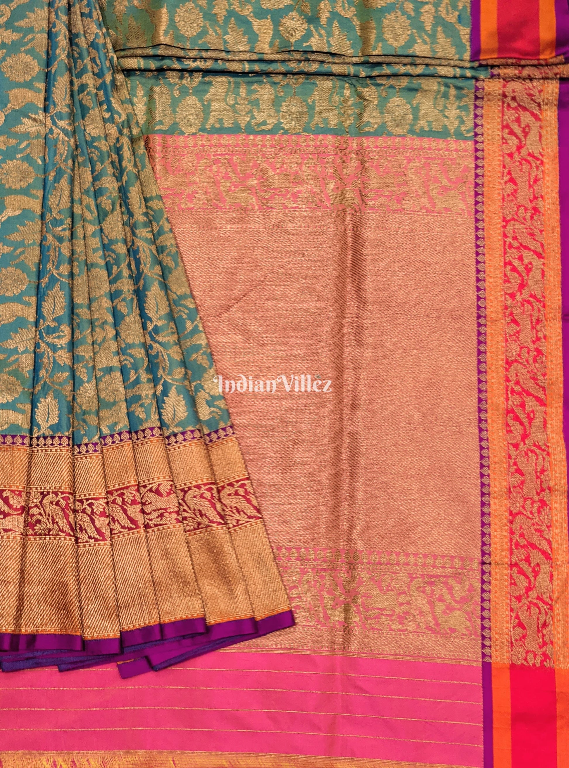 Green Goldfish Dual Tone Animal Motif Katan Banarasi Shikargah Saree