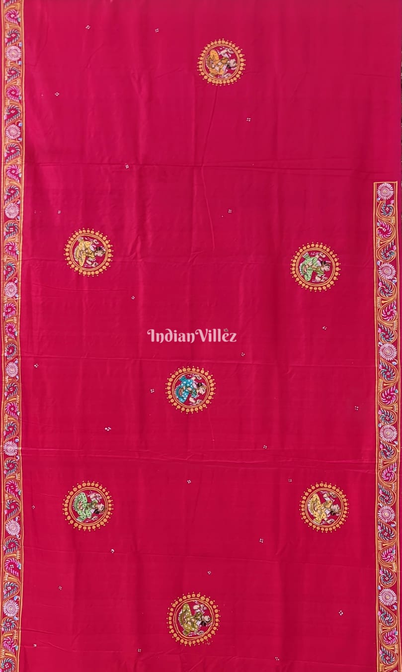 Red Radha Krishna Boita Pattachitra Silk Saree