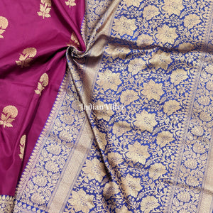 Maroon Blue with Flower Motif Banarasi Katan Silk Saree