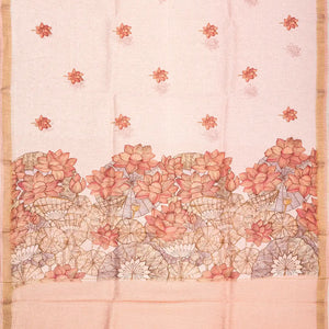 Light Peach Handwoven Linen Saree Printed With Floral Motifs
