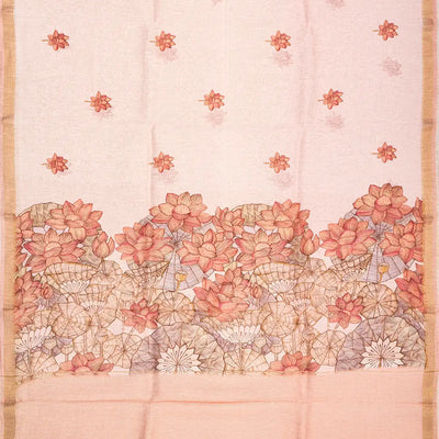 Light Peach Handwoven Linen Saree Printed With Floral Motifs